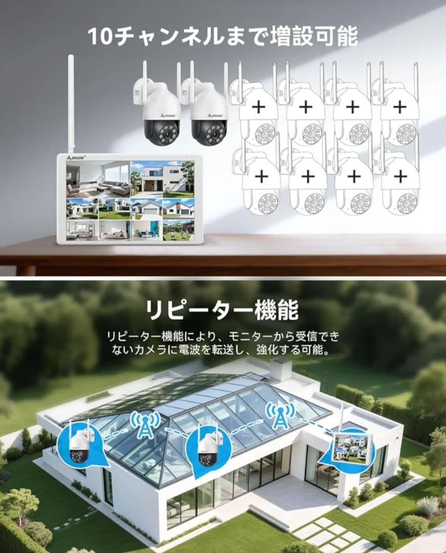 防犯カメラ 屋外 800万画素 液晶モニター付き 2台セット 360°全方位監視