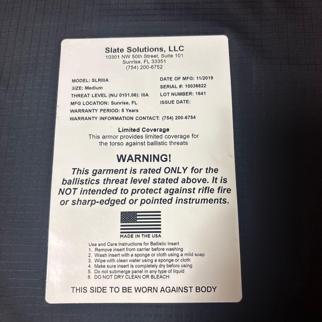 Slate Solutions実物 ソフトアーマーMedium 米国製 B20