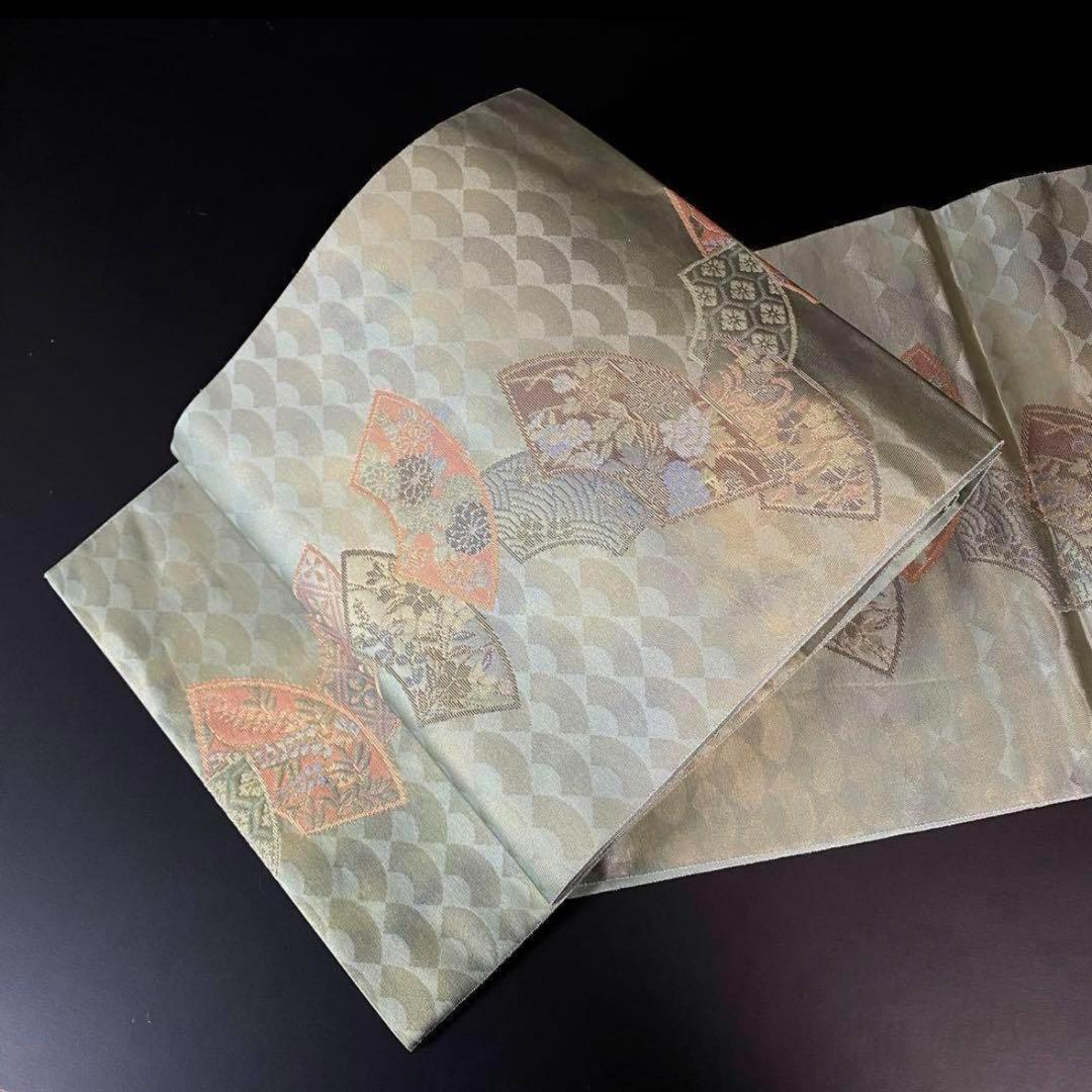 ZY-691 高級袋帯 六通 扇文 四季折々 草花 金糸 正絹 上質 名品