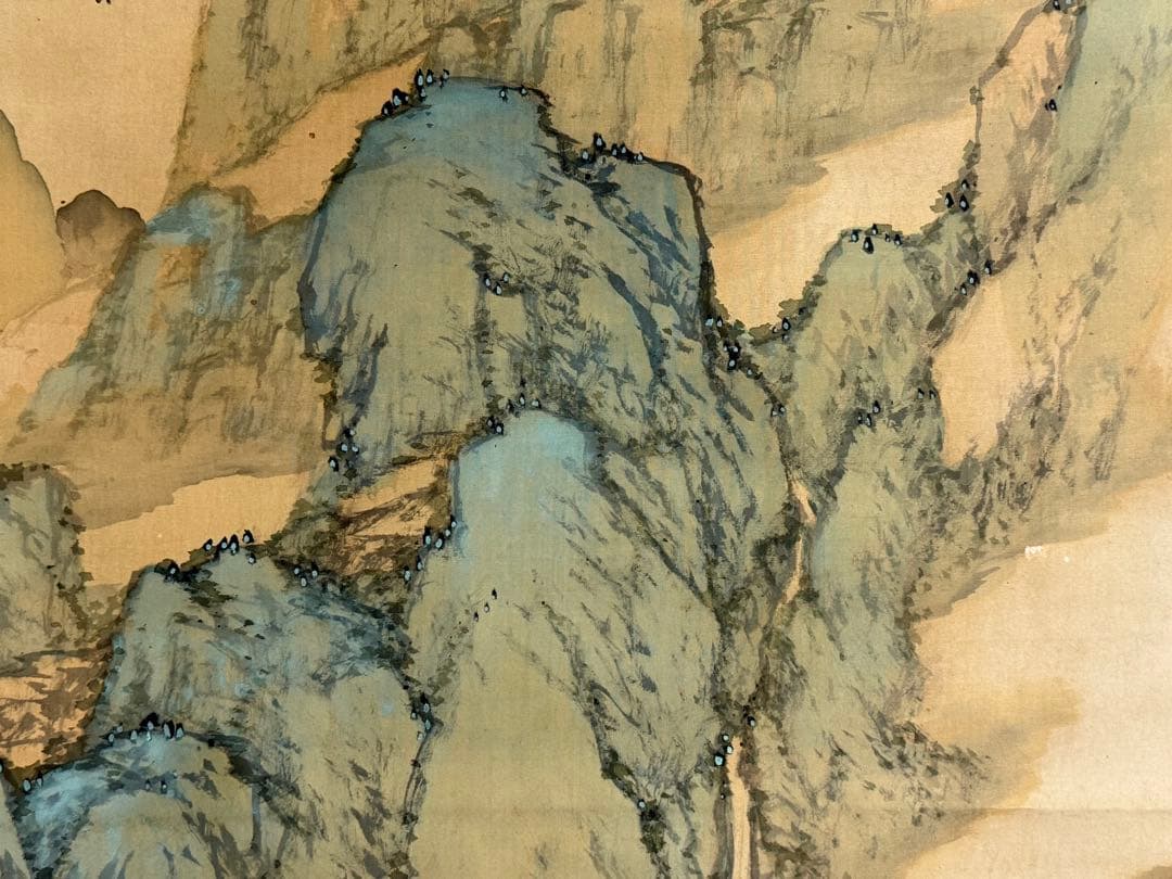 幸嶋散人　絹本肉筆　青緑山水　掛軸　送料込み250618