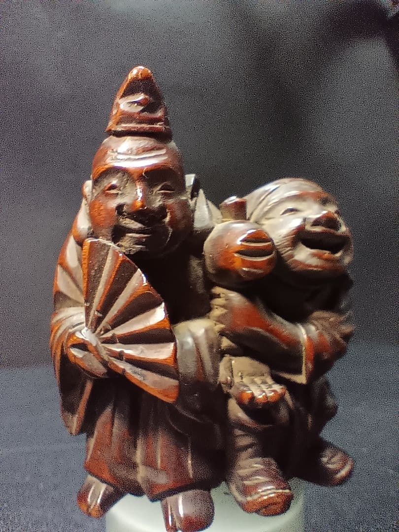 柘植彫 江戸時代 根付 「恵比寿大黒の図」 縁起物