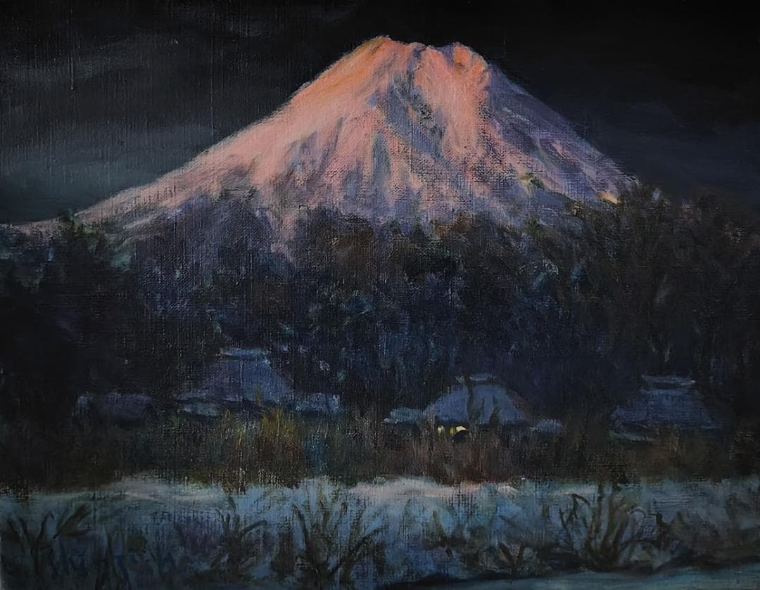 「明ける忍野村」1976 F6 絵画 油絵 油彩画 風景画 富士山