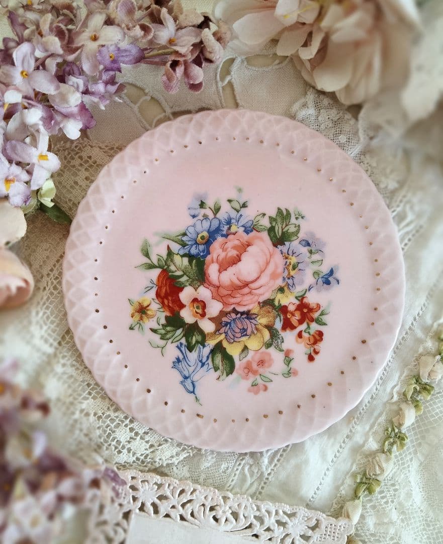 フランス アンティーク 薔薇柄ピンクのディネット ティーセット