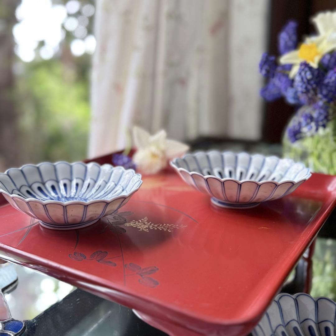 2154様感謝‼️清楚BLUE ‼️古伊万里すがすがしい花びらもりもり小判形菊皿5客