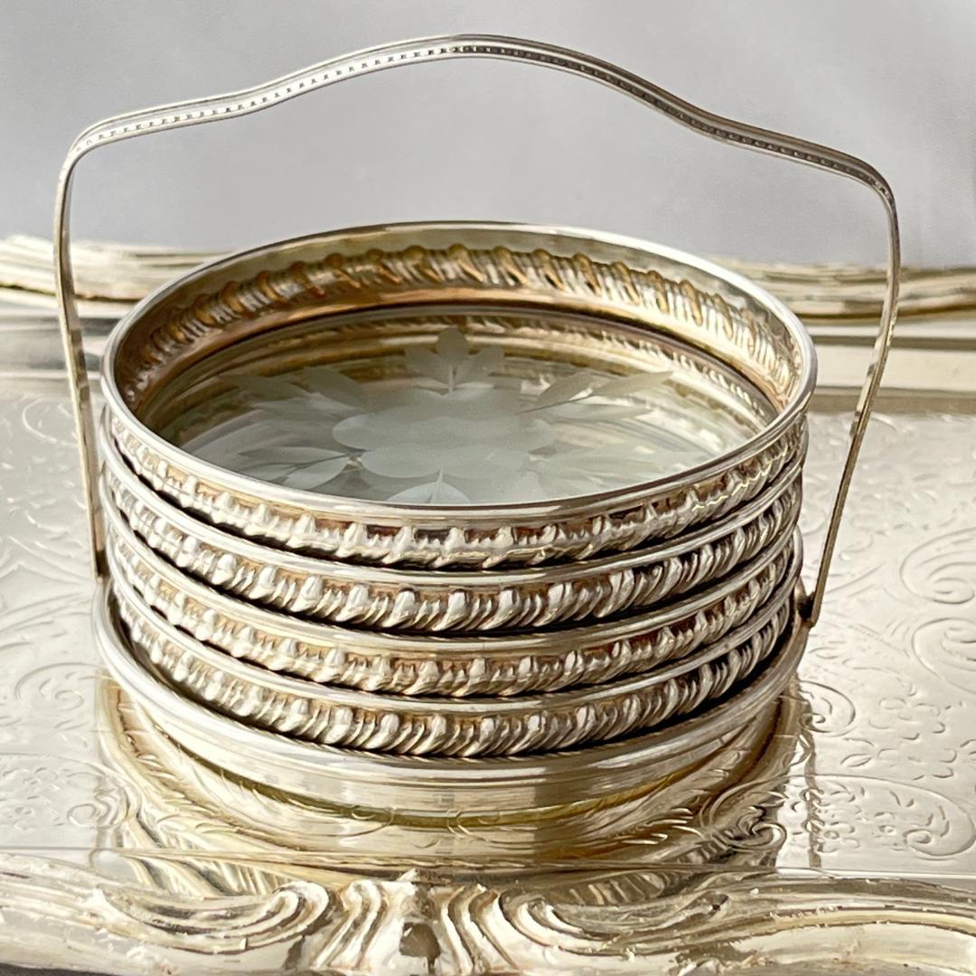 【純銀 / ガラス】ワイングラスコースター 4枚 スターリングシルバー ホルダー