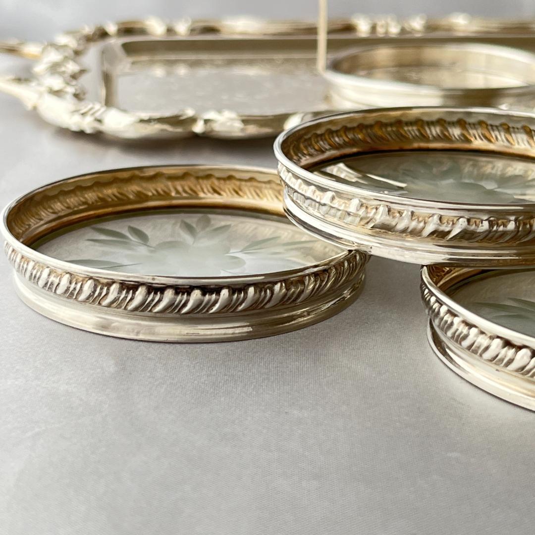 【純銀 / ガラス】ワイングラスコースター 4枚 スターリングシルバー ホルダー