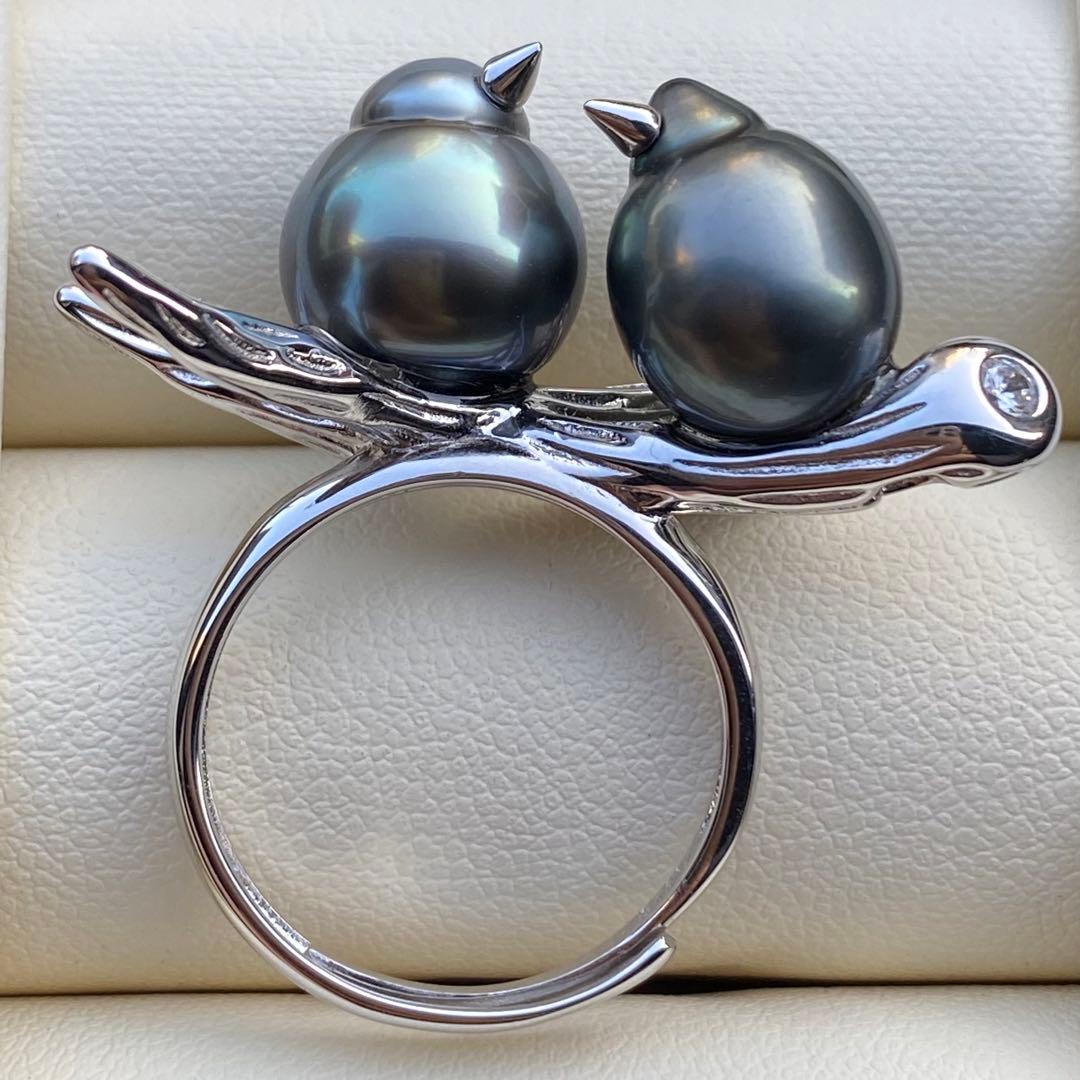 本真珠　南洋黒蝶真珠ダブルリング「鳥と枝」13mmダークグリーンL1259