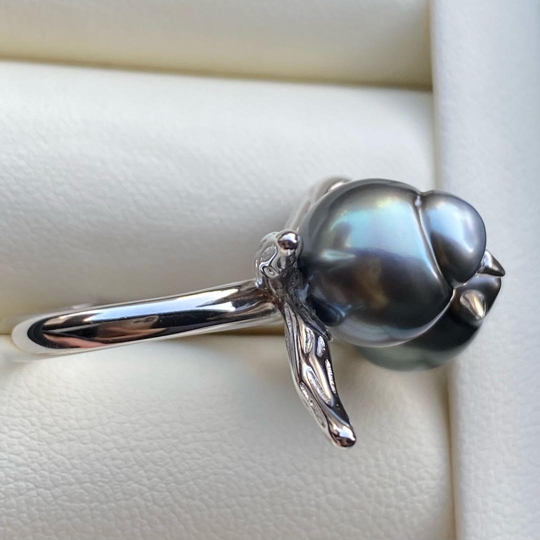 本真珠　南洋黒蝶真珠ダブルリング「鳥と枝」13mmダークグリーンL1259