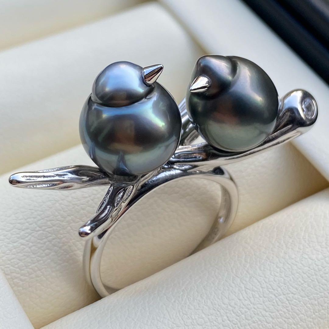 本真珠　南洋黒蝶真珠ダブルリング「鳥と枝」13mmダークグリーンL1259