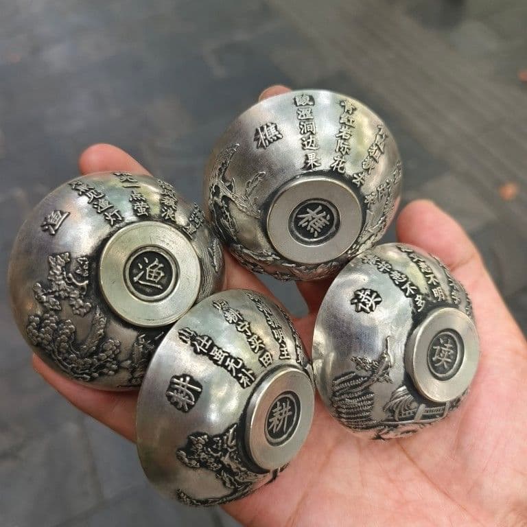 銅器 漁樵耕読小碗一セット 茶碗 工芸品 美術品 置物