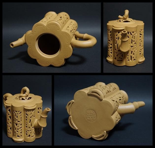 茶道具  名工範澤春 製 『竹彫鏤空』 朱泥急須 透かし彫り 紫砂壺 煎茶道具