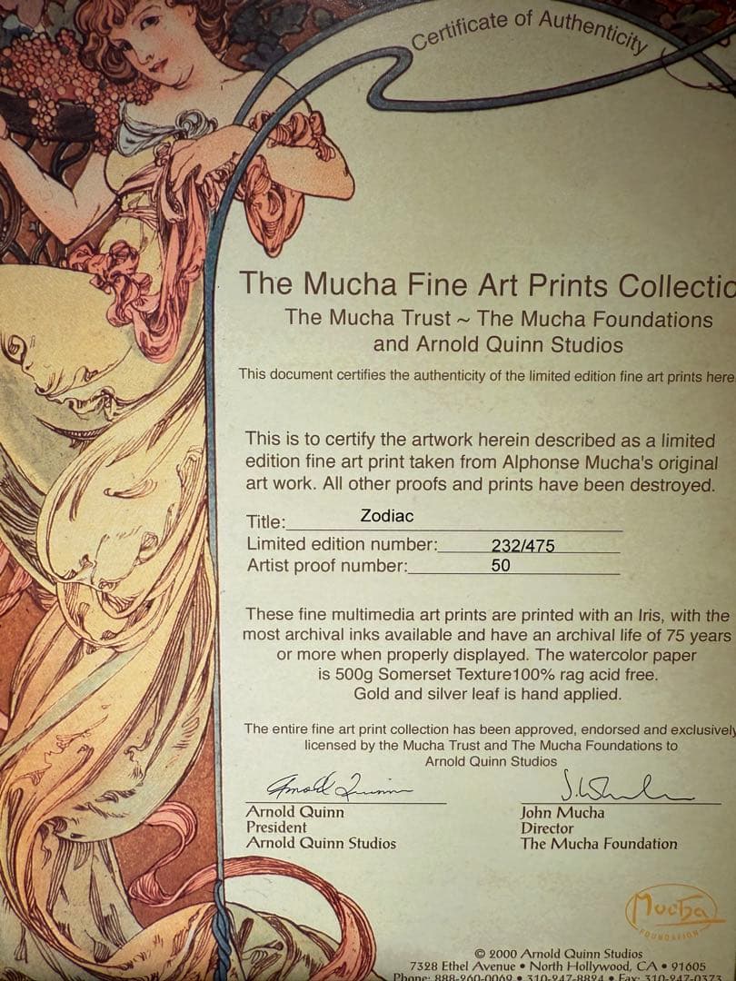 Alphonse Mucha 『黄道十二宮』　証明書