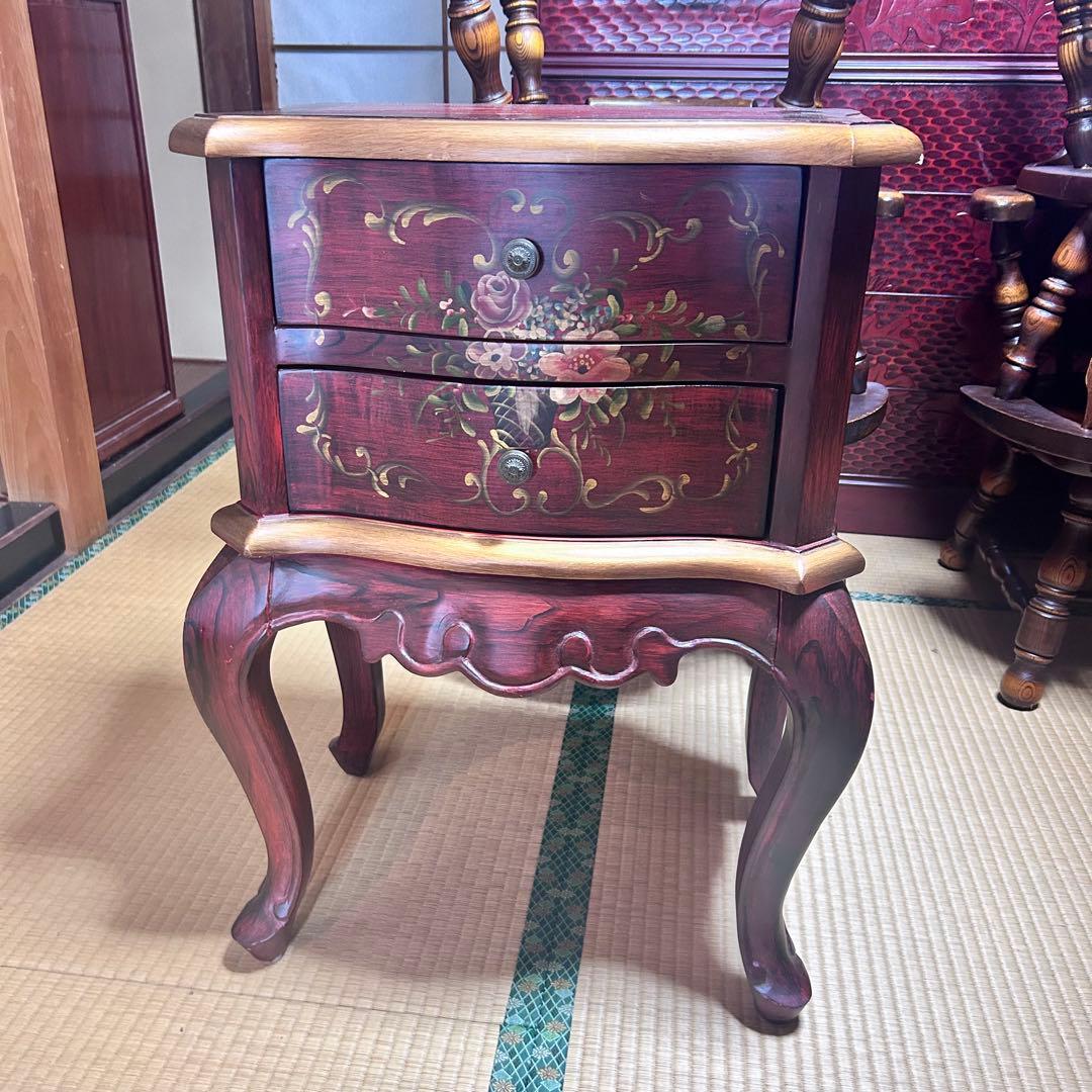 アンティーク調 ローズペイント 猫脚チェスト サイドテーブル