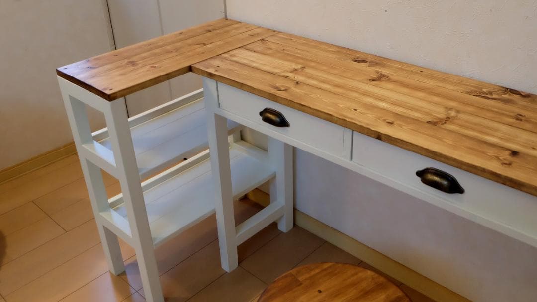 デスクのみ　ハンドメイド　アンティーク　作業台　ミシン台　長机　白茶