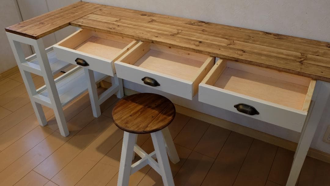 デスクのみ　ハンドメイド　アンティーク　作業台　ミシン台　長机　白茶