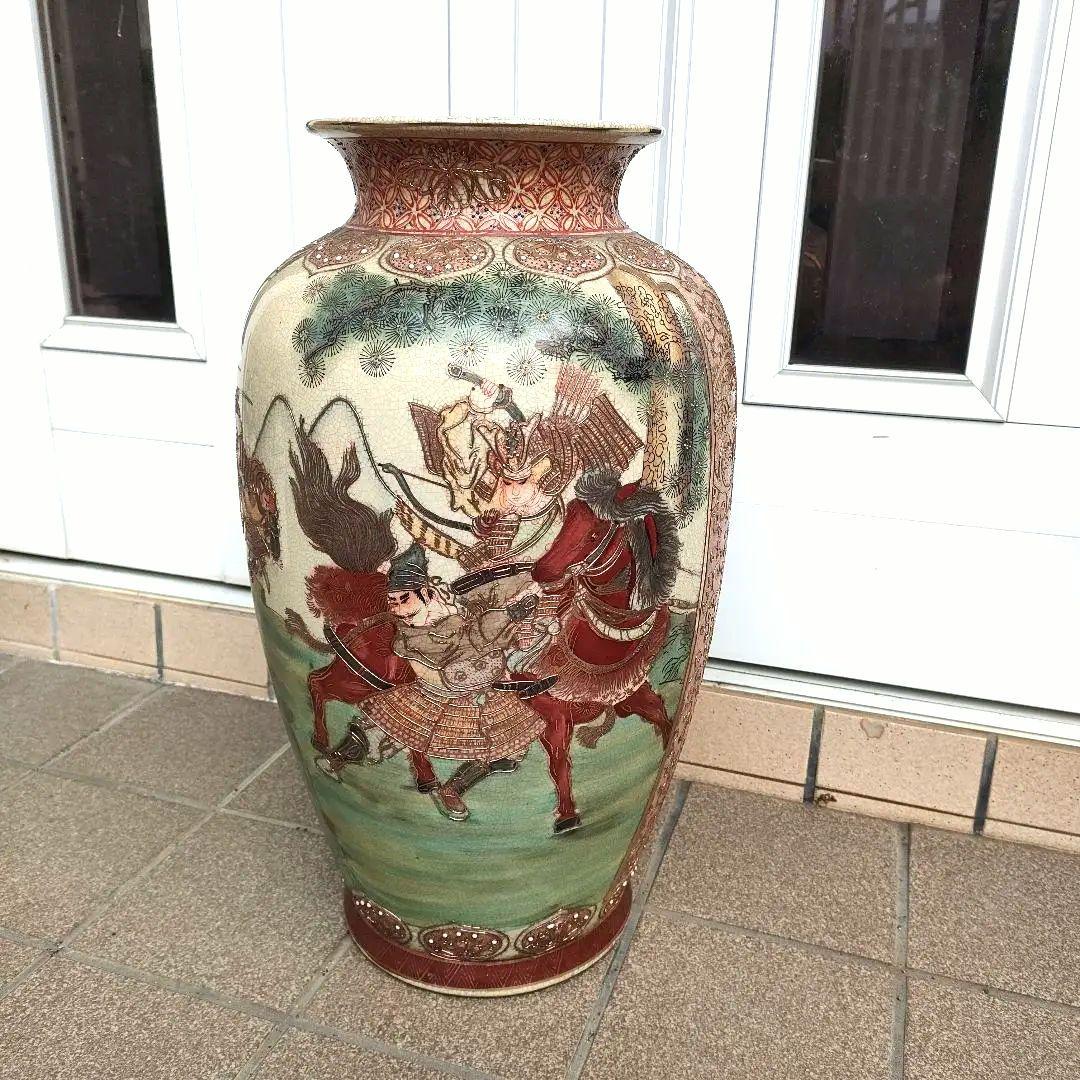 薩摩焼　古薩摩金襴手彩色　戦国武将図柄　大花瓶　古美術