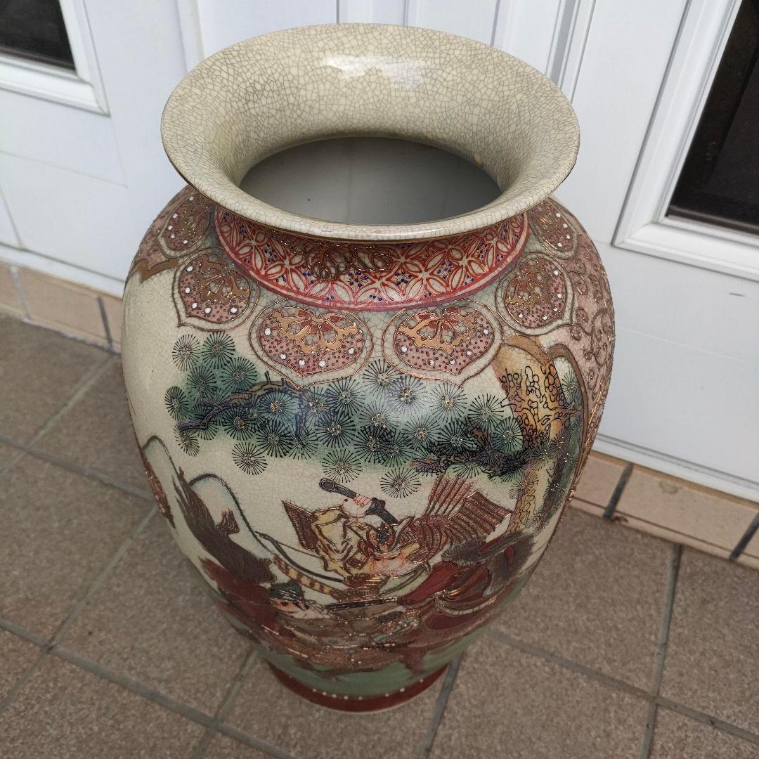 薩摩焼　古薩摩金襴手彩色　戦国武将図柄　大花瓶　古美術