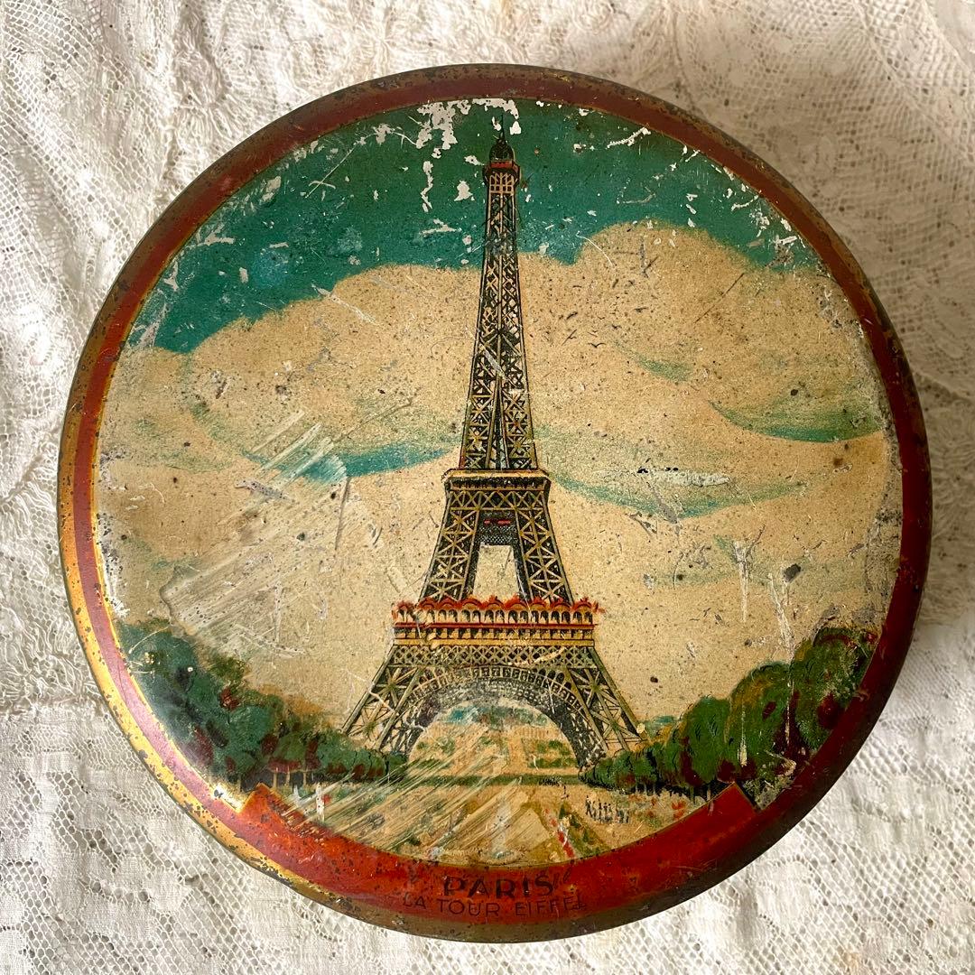 LUビスケットバスケットティン缶&エッフェル塔円形ティン缶　フランスアンティーク