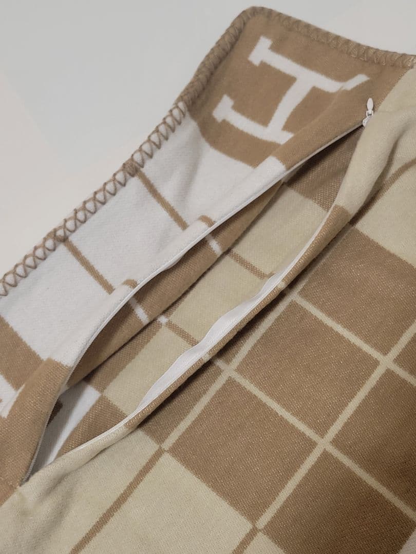 エルメス　クッションカバー　キャメル　45×45　チェック