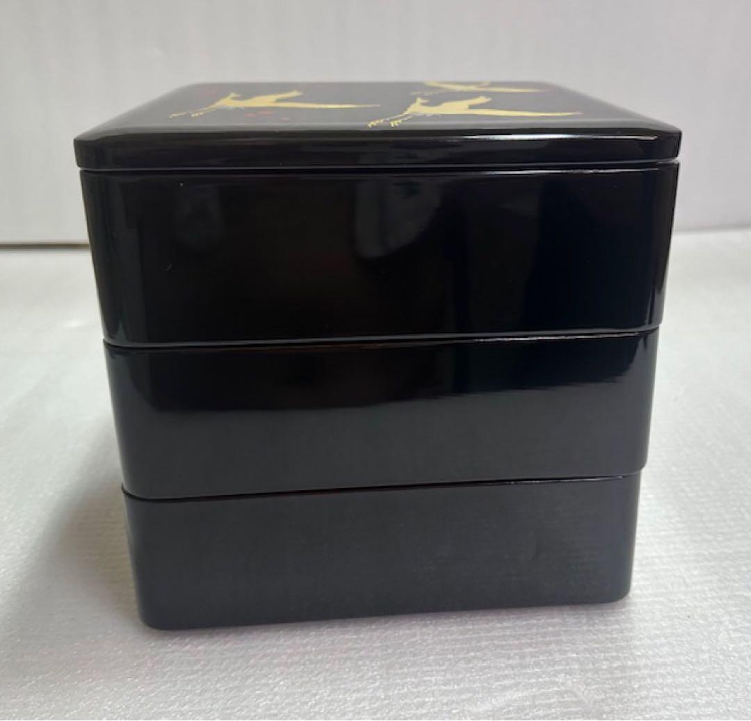 重箱 1 越前漆器/木製漆器/三段 重箱/黒地 金色鶴