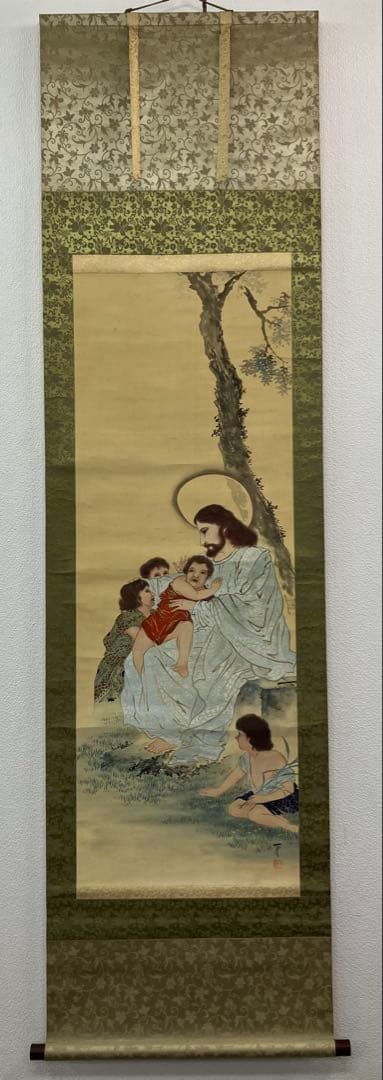 キリスト　絹本　掛軸（クリスチャン　カトリック　聖書 クリスマス）