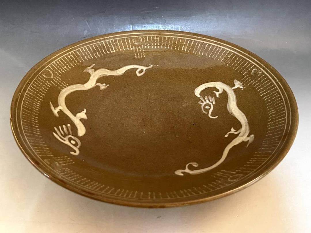 皿■希少 中国 古い白龍紋茶釉皿 大中皿 飾り皿 時代箱 古玩 時代物 骨董品■