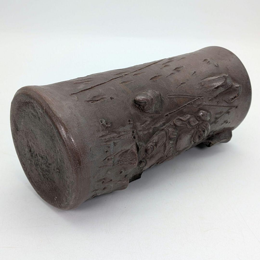 明治時代 備前焼 装飾花入 大黒天彫貼付 大黒様 七福神 縁起物 花器 花瓶