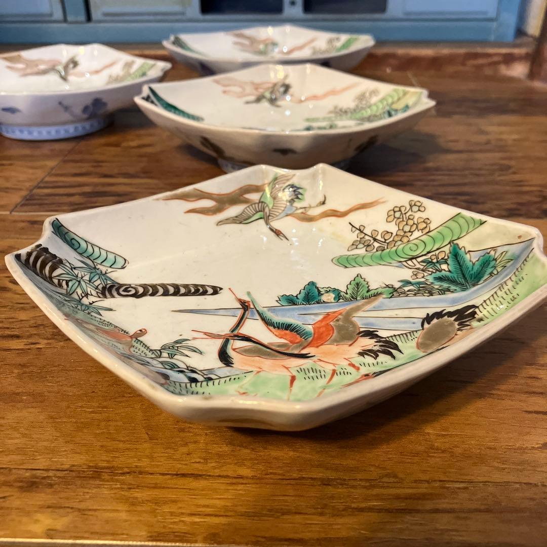 アンティーク 古伊万里 色絵鶴亀文菱形皿 文化-文政 江戸期 鑑定書付き