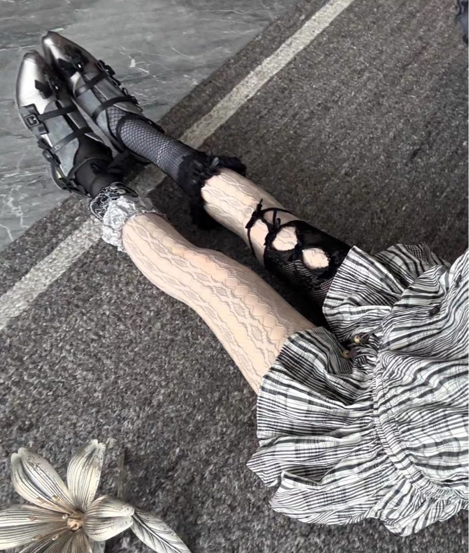 Nodress 2024ss ブラック リボン レース ストッキング　五分丈