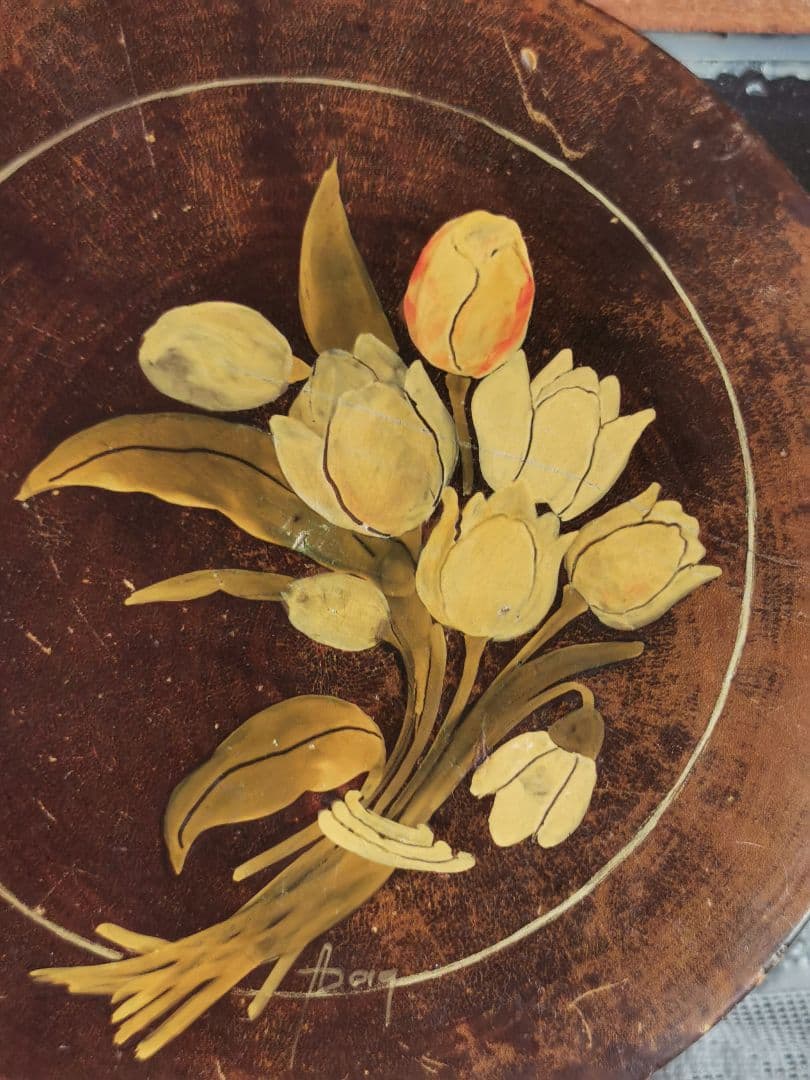 アンティークフランス 手描きチューリップの花束 蓋付きフルーツの木 飴色小物入れ