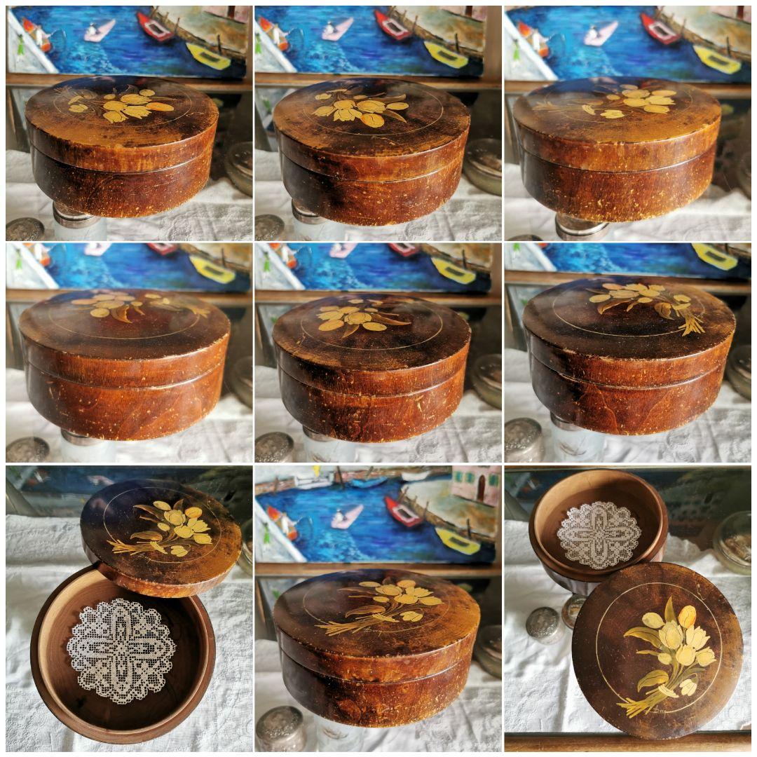 アンティークフランス 手描きチューリップの花束 蓋付きフルーツの木 飴色小物入れ