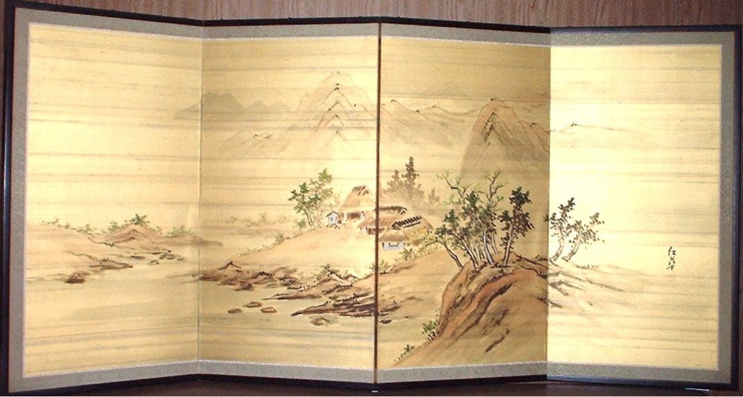 四つ折り屏風　日本画　絹本彩色　山水