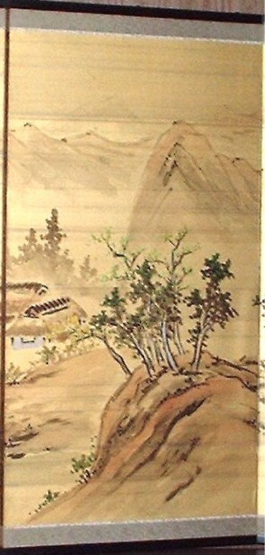 四つ折り屏風　日本画　絹本彩色　山水