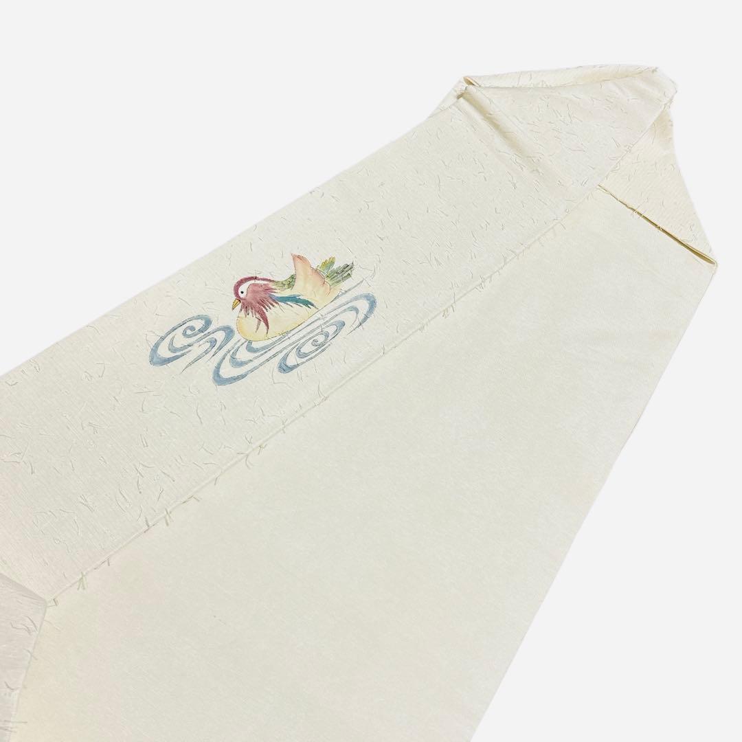 ユ167未着用名古屋帯 髭紬　手描き　落款あり　オシドリ正絹 着物帯仕立て上り