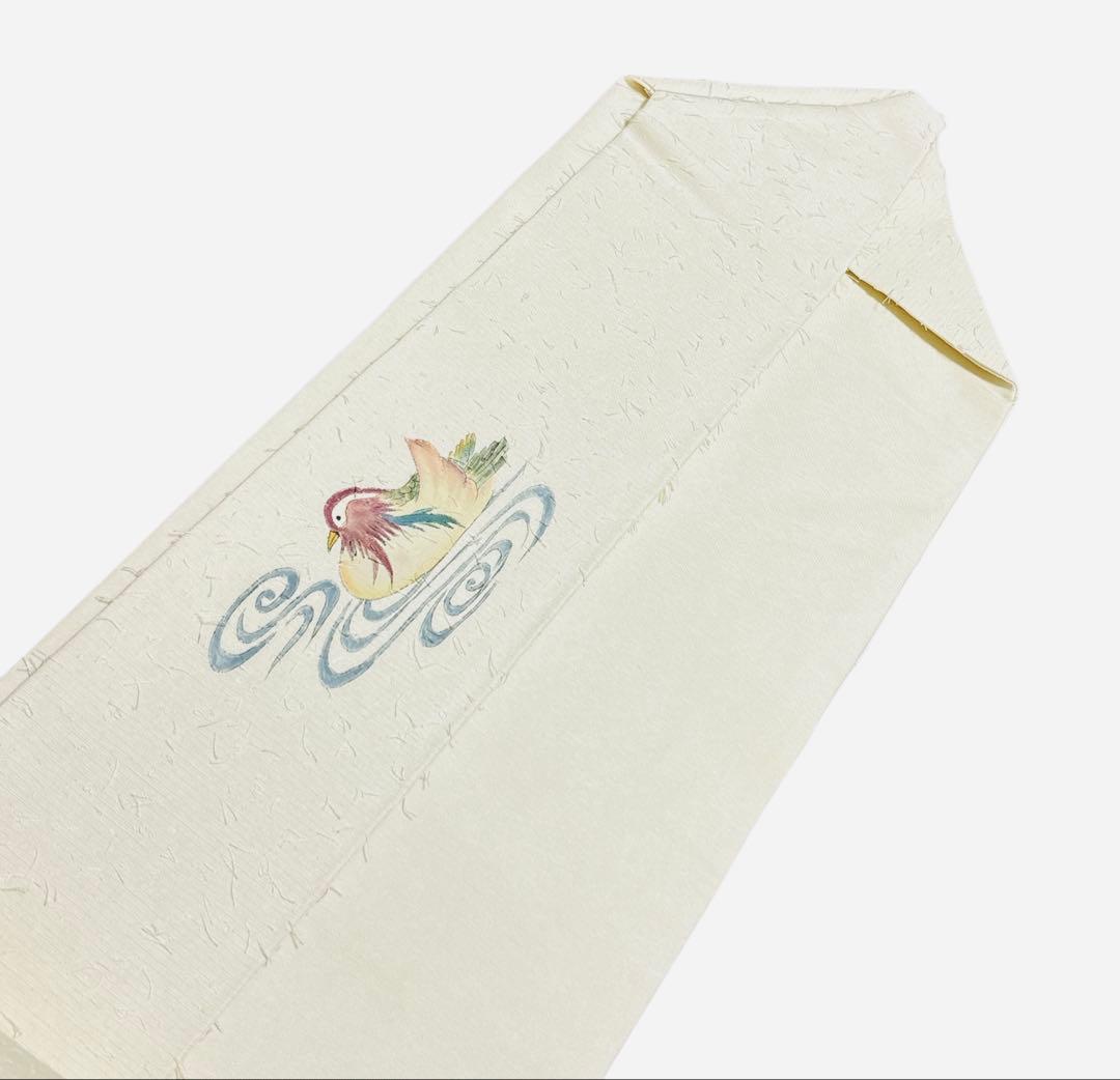 ユ167未着用名古屋帯 髭紬　手描き　落款あり　オシドリ正絹 着物帯仕立て上り