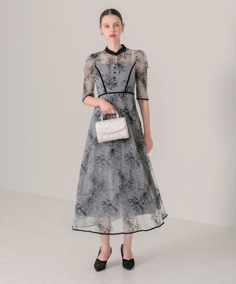 LEJA パイピングハイネック花柄ラメレースドレス