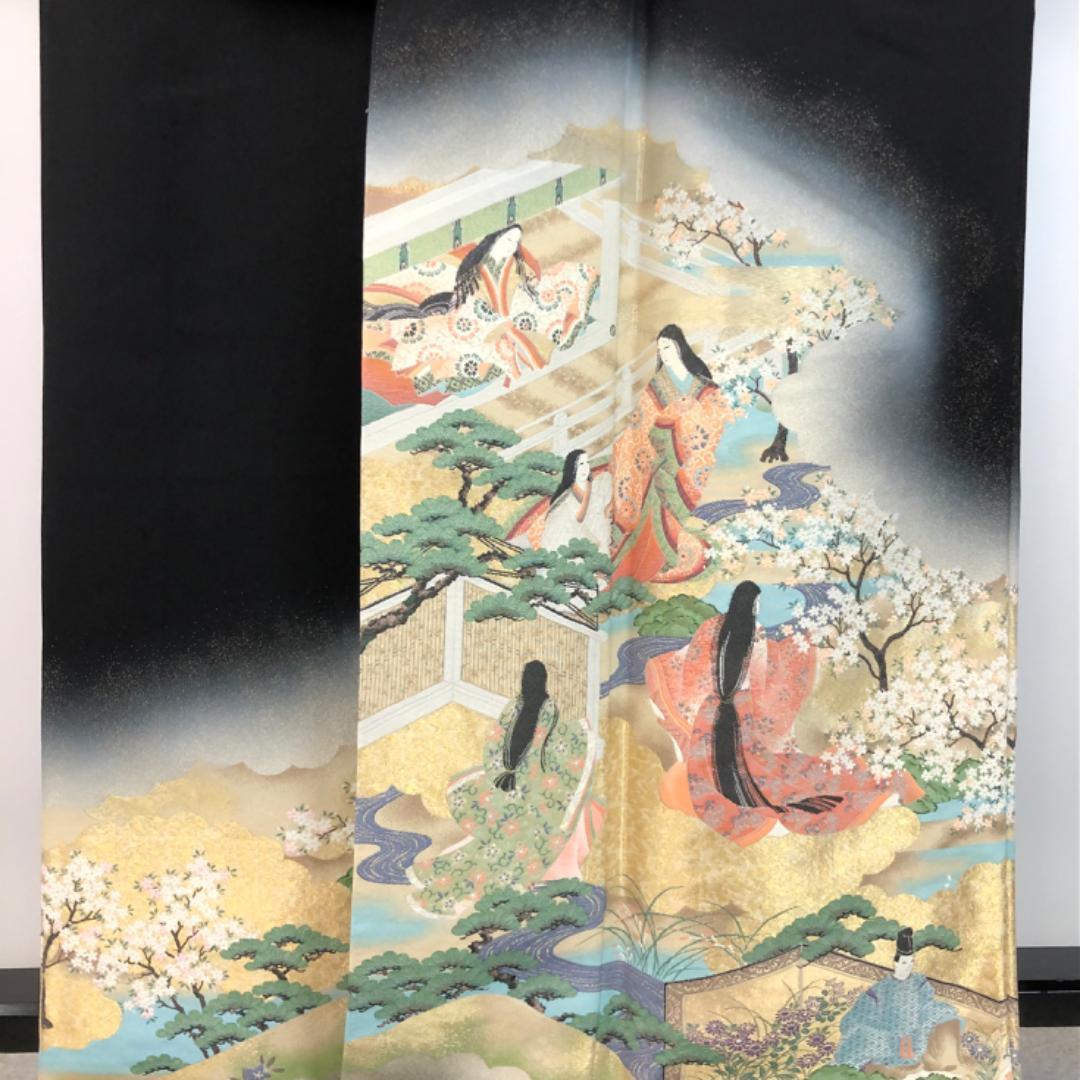 ☆ 黒留袖 壽光織 美しい十二単の女性に殿方 トールサイズ しつけ K-5529