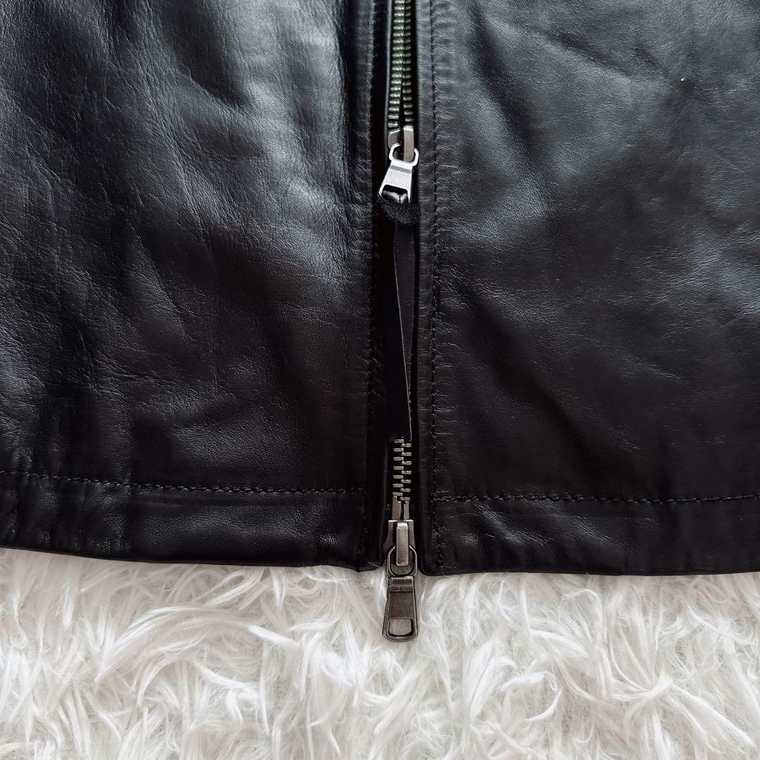 【BEAUTY&YOUTH】ノーカラー シングルライダース 牛革 ブラック XL