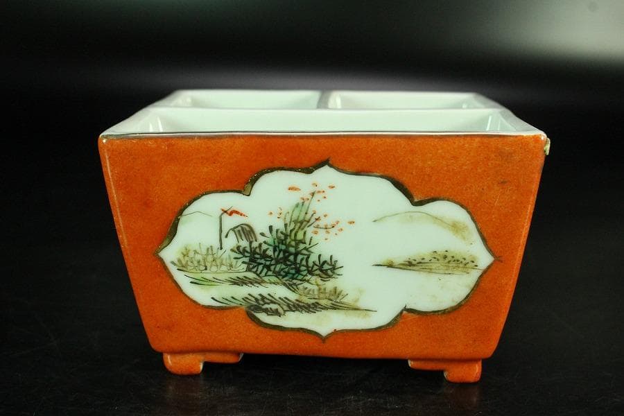 中国美術 色絵山水画 文房具 器 時代物(K-A865)