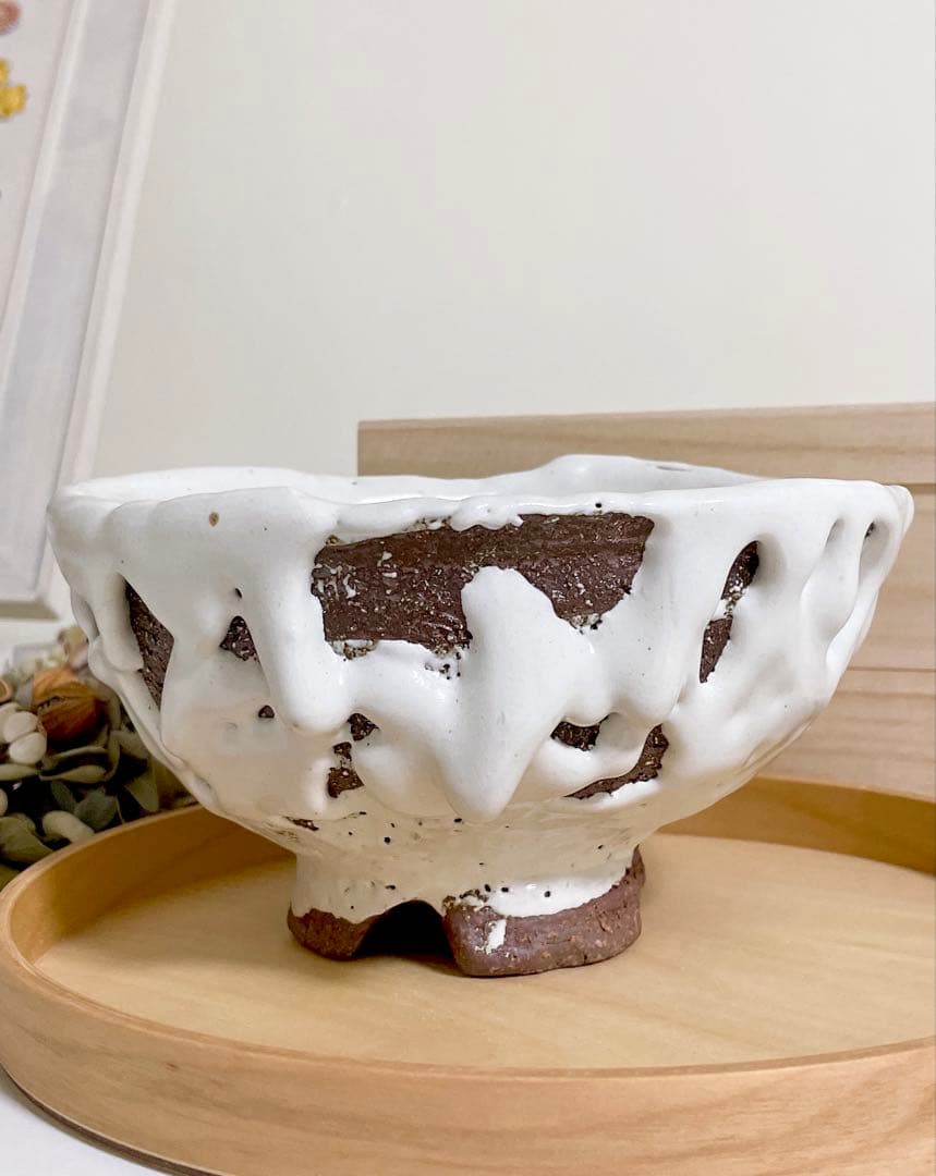 萩焼　山根清玩　鬼萩　割高台　新品　光彩庵　抹茶碗　楕円形　オーバル　陶器　作家