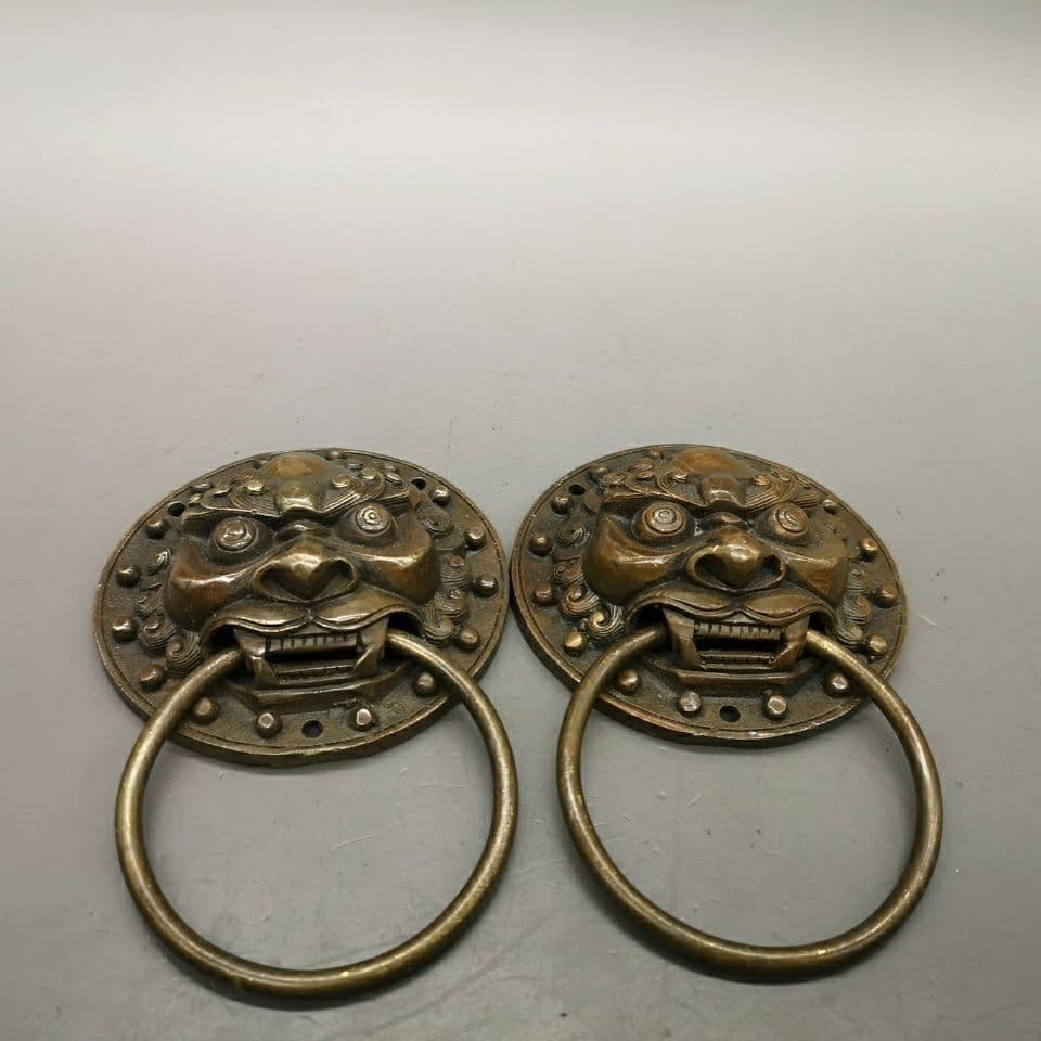 銅器 獣頭門環 獅子頭大門ノブ木戸門引環一対 装飾品 工芸品 置物