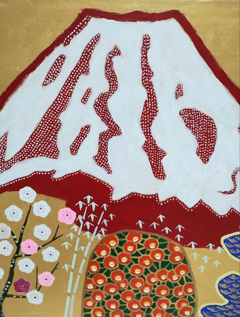 ［P10号］片岡球子（花咲く富士）表裏サイン有/肉筆保証/岩彩/油彩/絵画