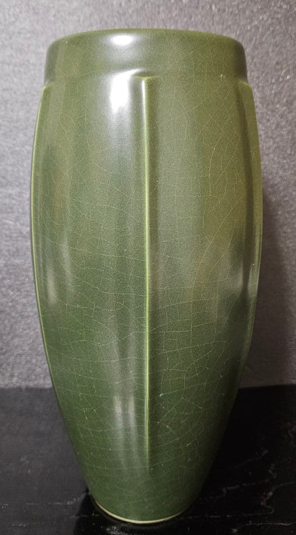 日展参与】京焼 清水焼 平安　宮下善寿 善壽 造　青緑釉　六稜文　花瓶　茶道華道