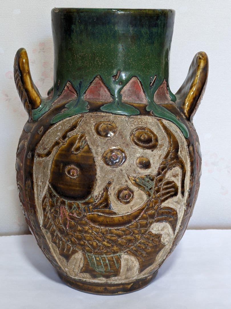 ♦琉球 飴釉掻落し 魚紋文様 双耳壺 瓶 沖縄花瓶 珍物珍品 古美術品 骨董品
