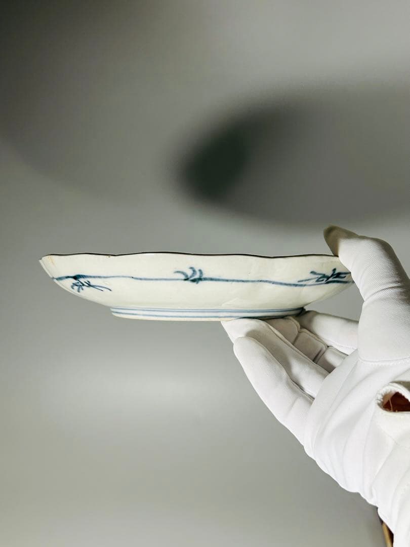 古伊万里　色絵　金襴手　松竹梅　鶴　輪花　七寸皿　5枚　21.5㎝　窓絵　帆舟