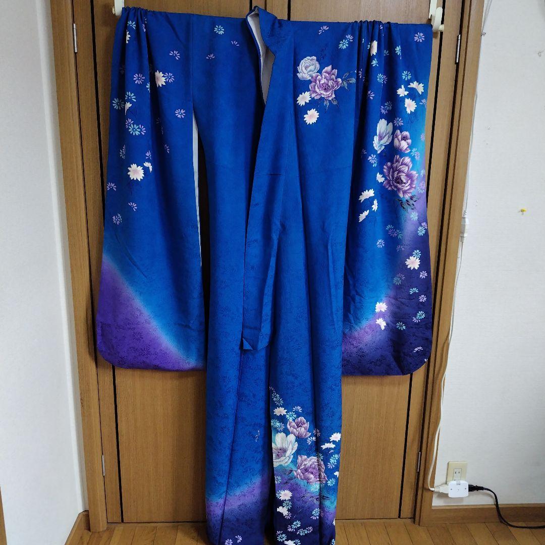 振袖５点セット　正絹　青色　HANAE MORI　成人式