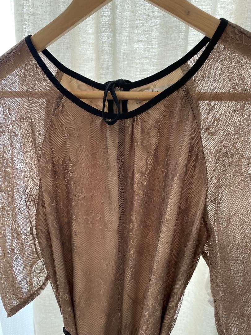 LEJA パフスリーブリボン総レースロングドレスワンピース