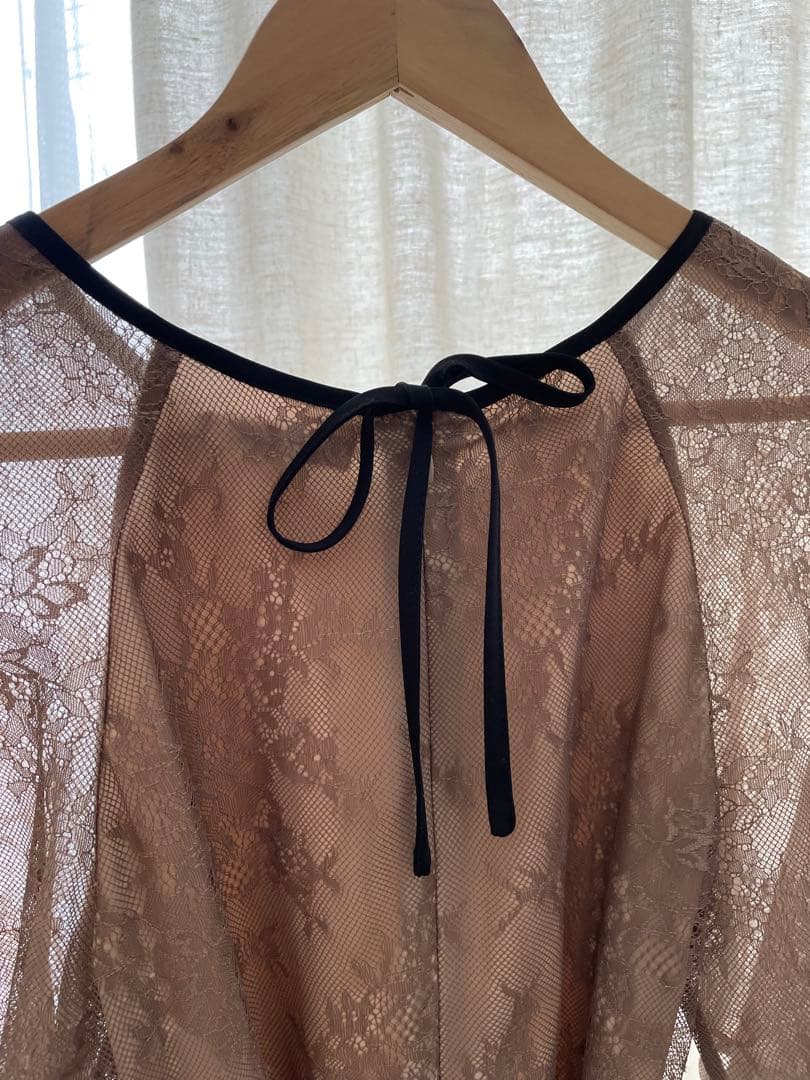 LEJA パフスリーブリボン総レースロングドレスワンピース