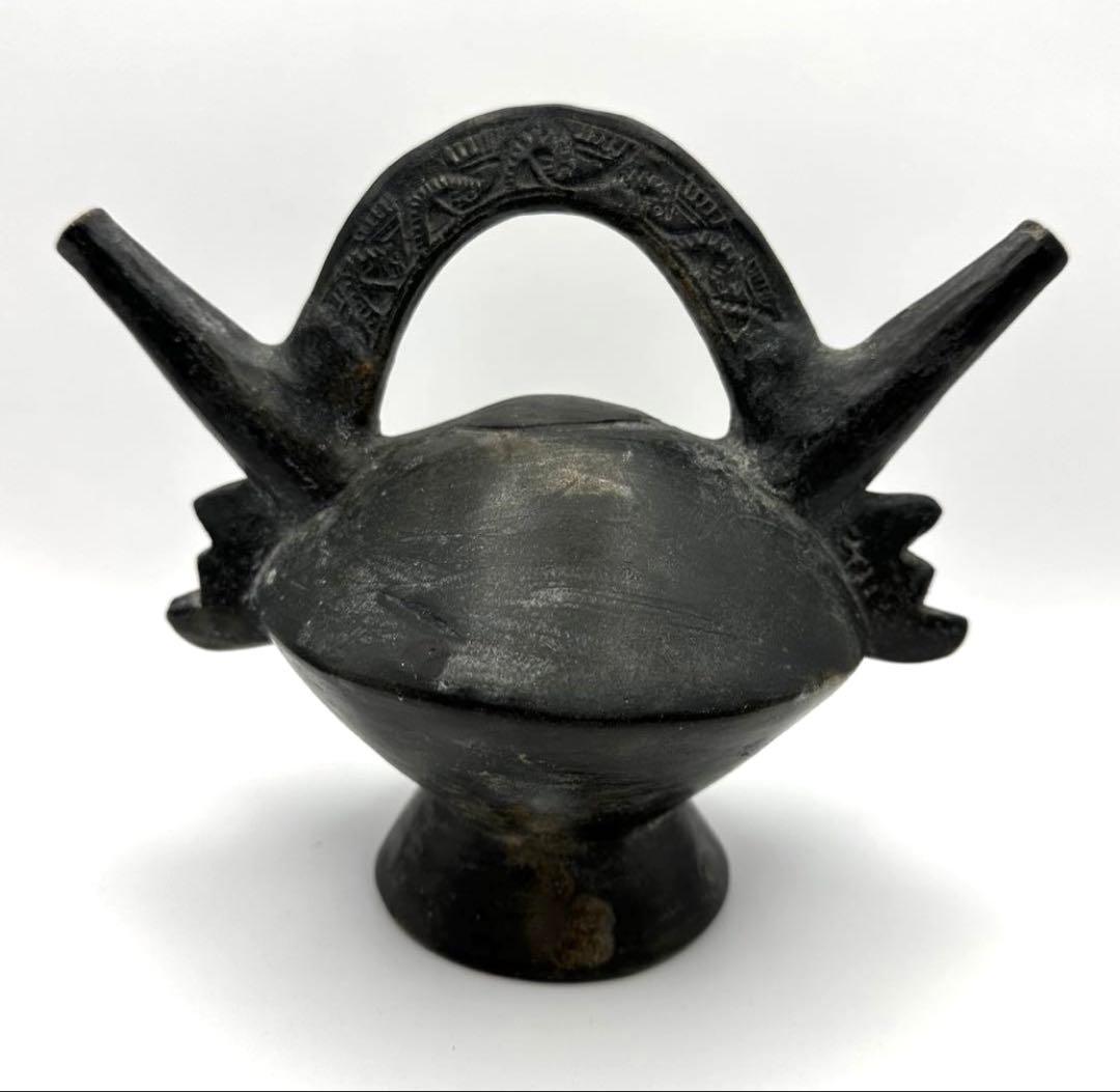 【土器】鑑定カード付 双口橋状注口土器 チムー文化ランバイエケ期 紀元1000年