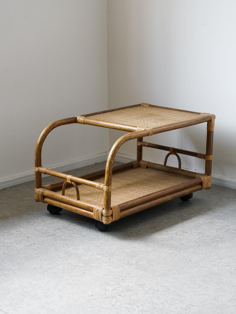 80-90's vintage ワゴンテーブル 藤 ラタン レトロモダン
